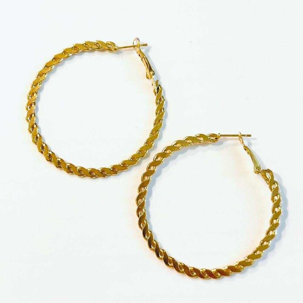Gold flat edge hoop twist earrings